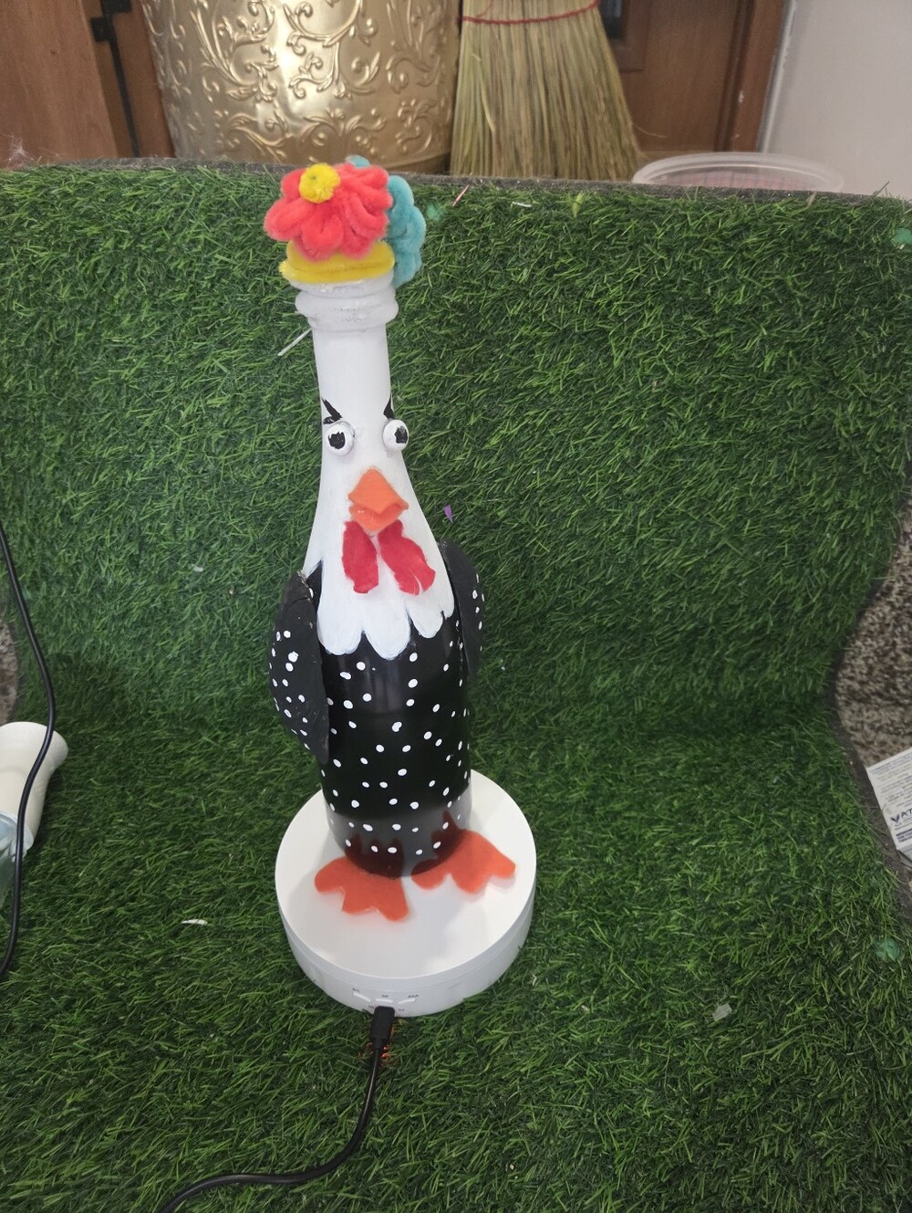 Handcrafted Polka Dot Chicken Bottle Décor - Black and White